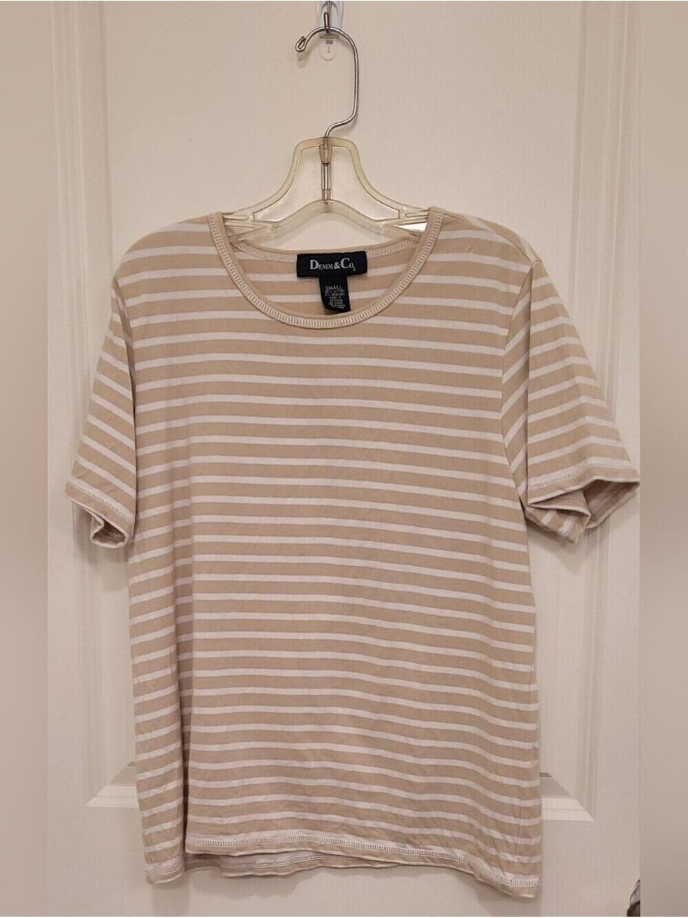 Denim&Co Beige and White Striped Short Sleeve Crew Tee